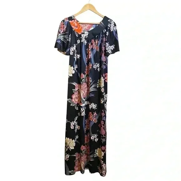 VGT HOMEWEAR By Sears Women's Dress Maxi Flutter Sleeves Black-Red Floral Print - Picture 12 of 12